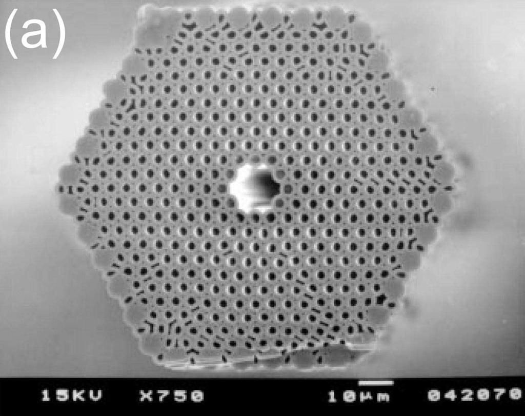 2.2 Fibras de cristal fotônico de núcleo oco As fibras de cristal fotônico de núcleo oco foram originalmente desenvolvidas em 1999 [1] também pelo grupo de pesquisa do físico Philip Russell, na
