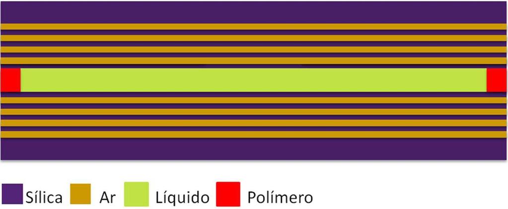 Figura 26 (a) Posicionamento inicial da micropipeta com pré-polímero e fibra de cristal fotônico com núcleo líquido; (b) micropipeta em