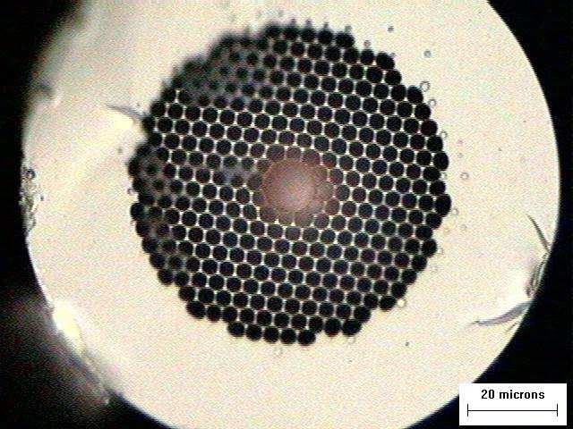 Figura 28 Imagem microscópica da seção transversal de uma fibra de cristal fotônico (HC-1550-02) com núcleo coloidal vedado por polímero.