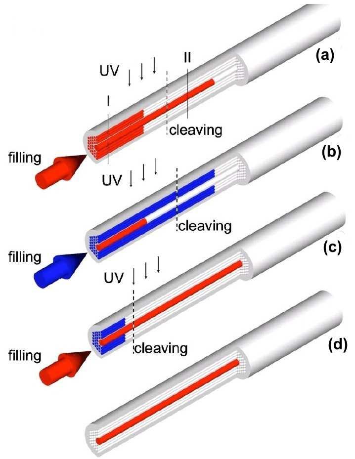 Figura 37 Esquema dos múltiplos preenchimentos por polímero necessários para o processo de preenchimento seletivo do núcleo de uma fibra de cristal fotônico [96].