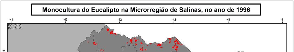 Em análise ao período de 2010, a microrregião de Salinas apresenta redução de 43% na área de monocultura de eucalipto.