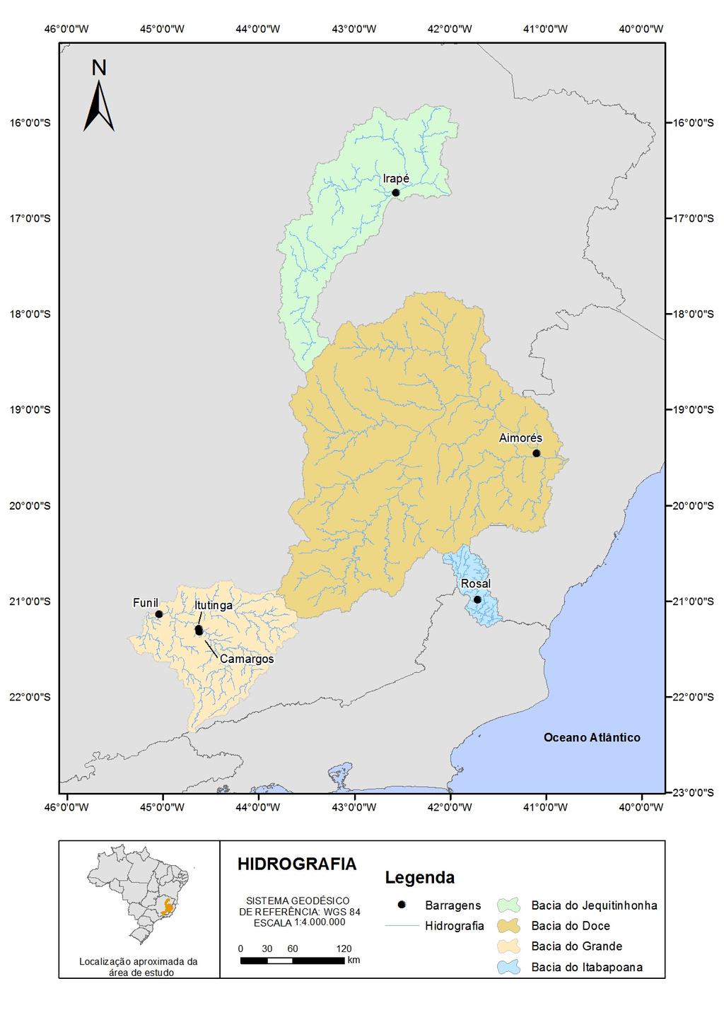 Local de estudo Estão sendo analisadas as regiões mostradas na figura 1 que representam as bacias hidrográficas contribuintes das barragens de Irapé (rio Jequitinhonha), Rosal (rio Itabapoana),