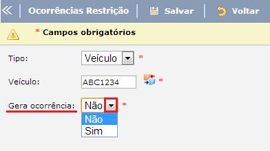 Gera ocorrência: Neste campo o usuário poderá selecionar se o portal gera a ocorrência Não ou Sim.
