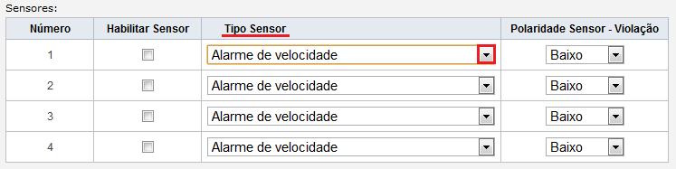 Tipo Sensor: Seleciona o tipo de sensor habilitado, para selecionar observe o exemplo da imagem abaixo: Basta