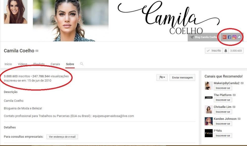Figura 1: O Canal de Camila Coelho no YouTube conta com mais de três milhões de inscritos; possui mais de 240 milhões de visualizações e tem mais de 450 postagens.