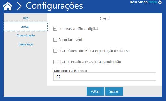 5.2. Menu Configurações: Aba Geral Exibe as informações sobre a configuração do equipamento.