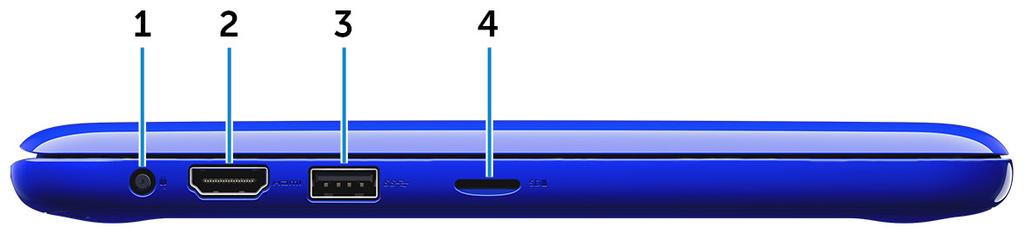 Vistas Esquerda 1 Porta do transformador de corrente Ligue um transformador para fornecer energia ao computador e carregar a bateria. 2 porta HDMI Ligue um televisor ou outro dispositivo com HDMI in.