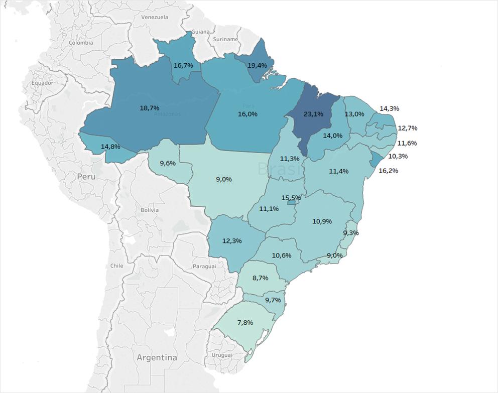 Déﬁcit relapvo*, 2015 por UF Entre as regiões, Norte possui o maior déﬁcit rela%vo * Déﬁcit