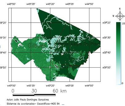 uso do solo do ano de 2006. O resultado desta fusão das figuras 5 e 6 pode ser visualizado na figura7. Figura 7. Escala contínua de adequação de uso agrícola (0 a 255).