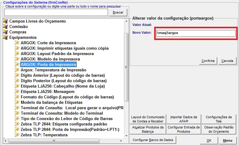 Configurações do Sistema Na Configuração Argox:Porta da