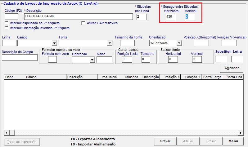 Configurações do Sistema No campo Espaço entre Etiquetas Horizontal