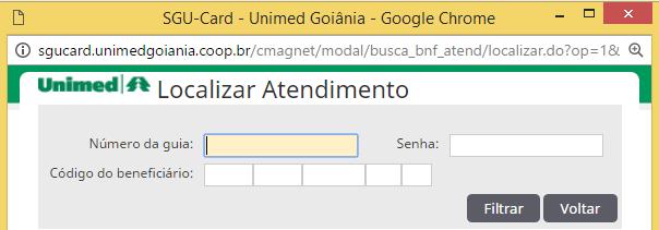 Em seguida, clique no link: Localize a guia e prossiga com o atendimento, e informe os dados Número