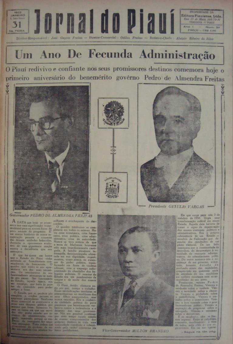 Figura 1: Capa do Jornal do Piauí de 31 de janeiro de 1951. Fonte: Acervo particular da pesquisadora Nilsângela Cardoso.