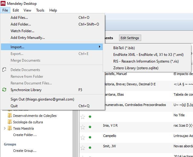 Importando e Exportando Importando - siga os passos no software Mendeley: 1) Clique em "File";