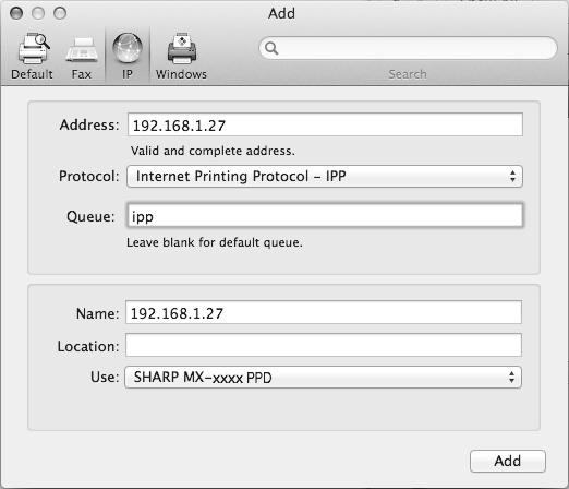 Imprimir utilizando a função IPP MAC OS X A máquina pode imprimir utilizando a função IPP.
