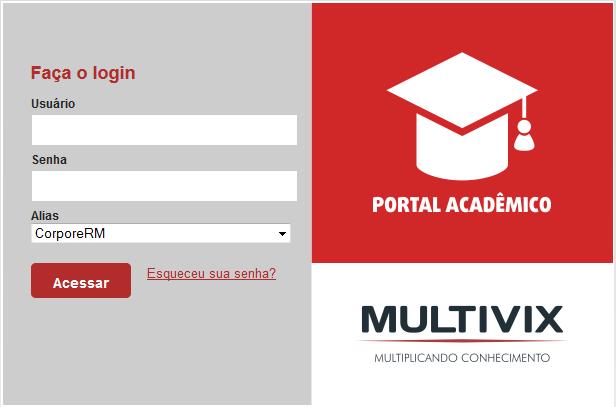 . Na tela de login, entre com seus dados (login e senha) para ter acesso ao portal acadêmico Multivix e à opção
