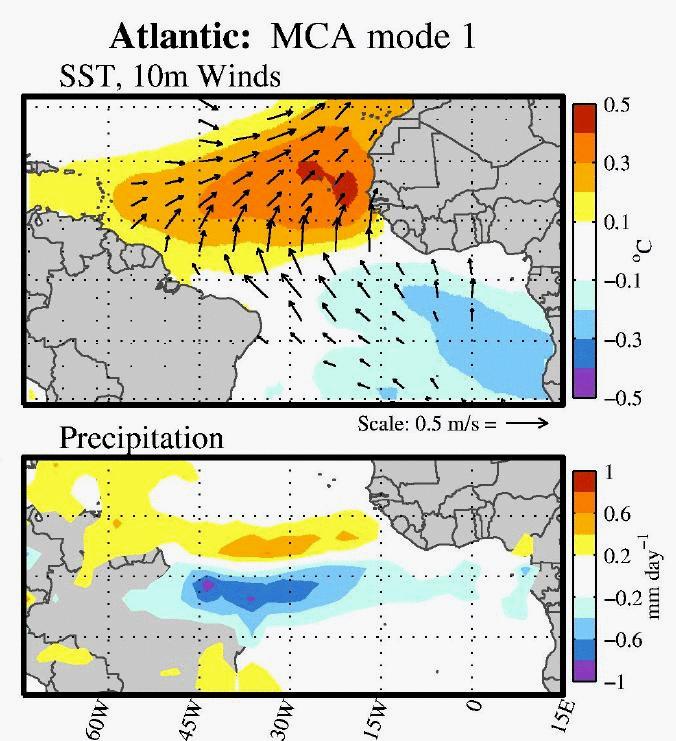 GRADIENTE MERIDIONAL DO ATLÂNTICO TROPICAL Padrão espacial do 1 o modo PC Mapa de regressão do 1 o modo da MCA relativo a TSM e vento a 10 metros Vetores de vento foram plotados onde o coeficiente