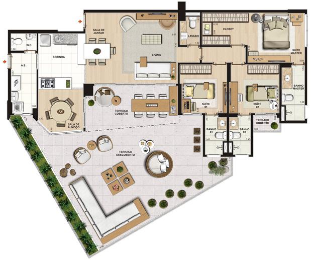 3 suítes Integração entre living, terraço, cozinha e