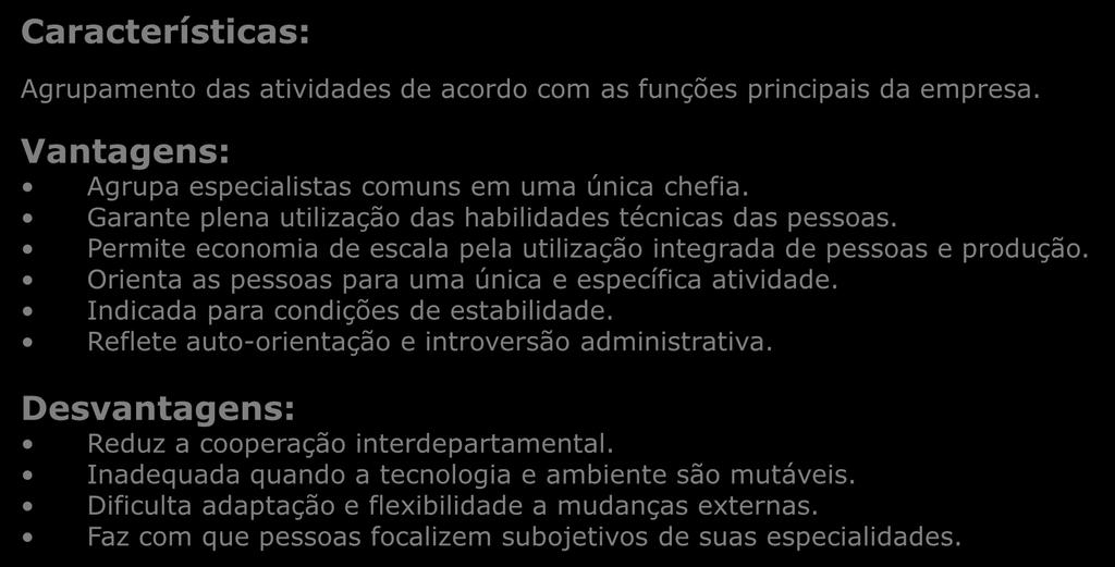 Departamentalização por Funções Agrupamento das atividades de acordo com as funções principais da empresa. Agrupa especialistas comuns em uma única chefia.