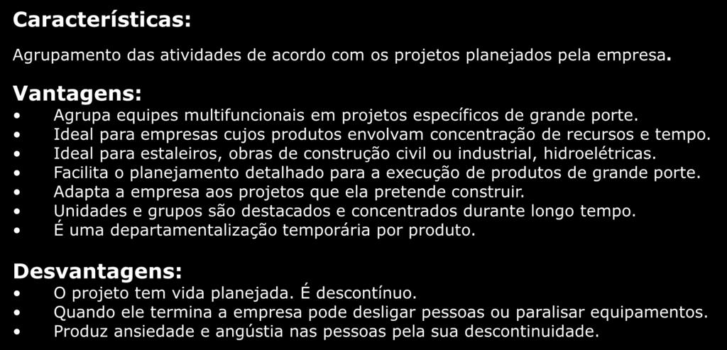 Departamentalização por Projetos Agrupamento das atividades de acordo com os projetos planejados pela empresa. Agrupa equipes multifuncionais em projetos específicos de grande porte.