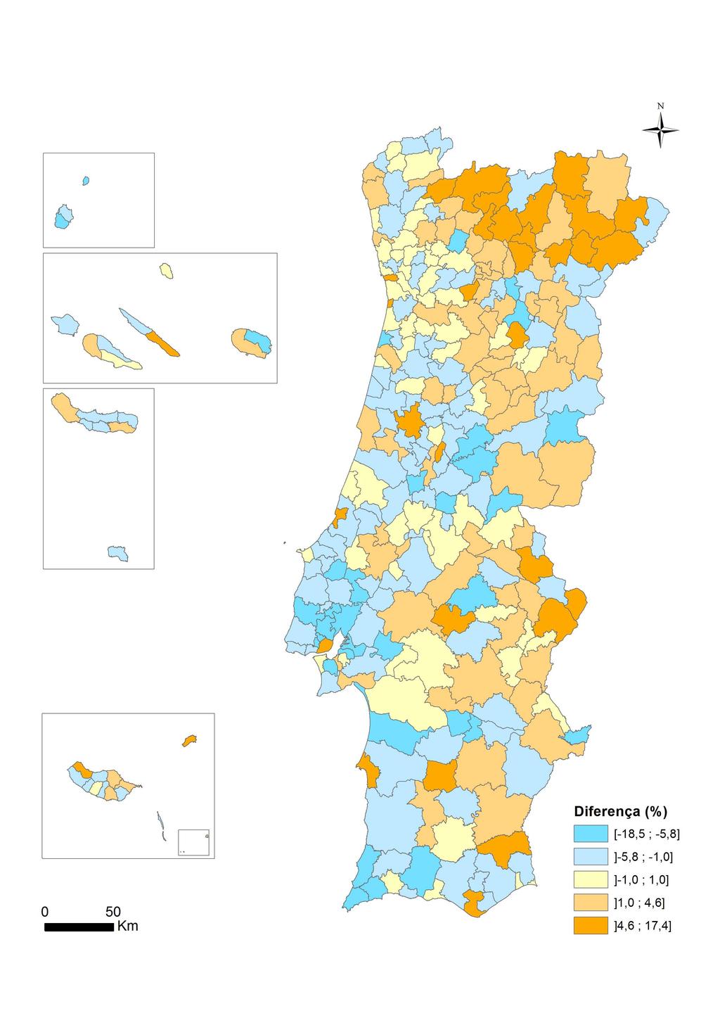 oposição, os municípios com valores mais elevados de sobrestimação situam-se no Alto Alentejo e Alto de Trás-os-Montes.