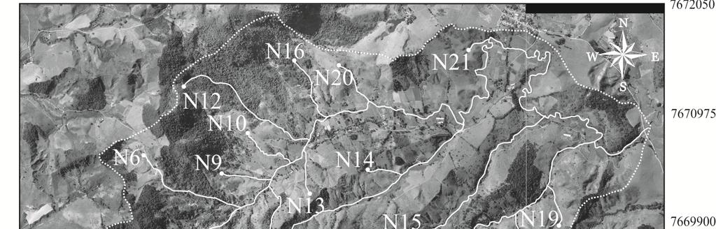 Figura 2 - Localização das nascentes da sub-bacia do Córrego Alfenas (MG) Na Tabela 2 pode-se observar os resultados obtidos no levantamento de campo.