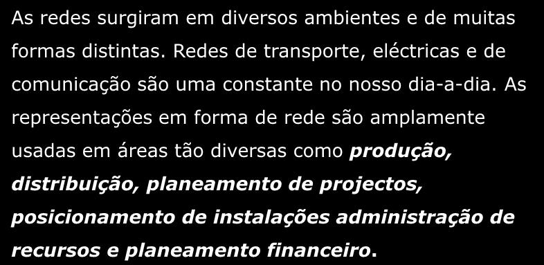 Modelos de Optimização de Redes O que são redes em (IO)? As redes surgiram em diversos ambientes e de muitas formas distintas.