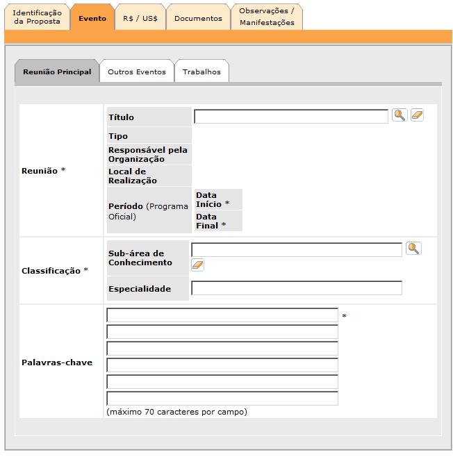 Evento (Participação em Reunião) A aba de Evento pode ser vista na figura abaixo: Note que ela é composta de diversas subabas.