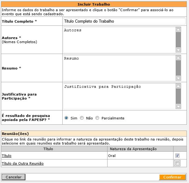 O sistema retorna à tela original de cadastro de trabalhos.