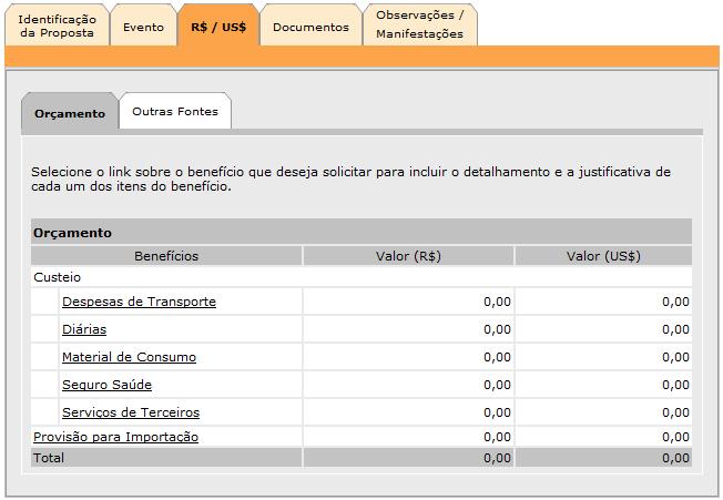 Orçamento (Organização de Reunião) A aba de orçamento, identificada com o nome de R$