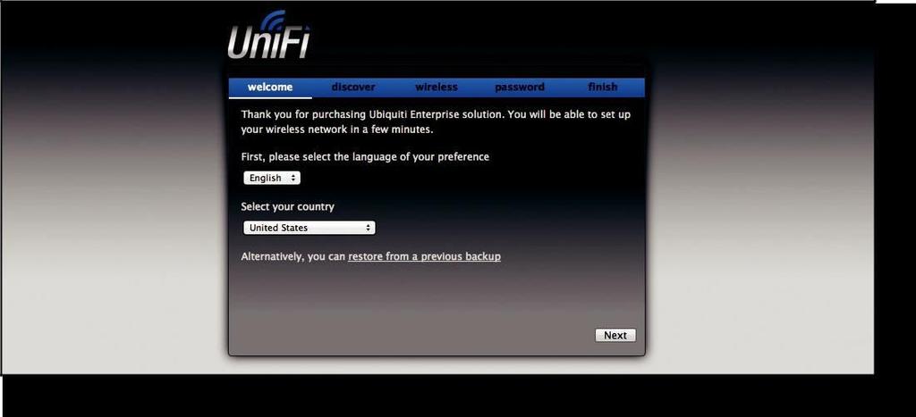 O Assistente de Instalação UniFi criará uma rede sem fio primária segura para seus dispositivos. Execute as seguintes etapas: 2.