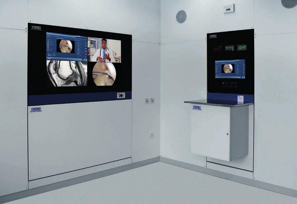 Solução de montagem em parede OR1 Integração na sala de cirurgia quase invisível Estão instalados na solução de montagem em parede os componentes para as seguintes funções: - Áudio/vídeo -