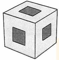 6) O volume de um cubo de madeira foi diminuído em 3 cm³ fazendo-se cavidades a partir de cada uma de suas faces até a face oposta. Com isso, obteve-se o sólido representado na figura abaixo.