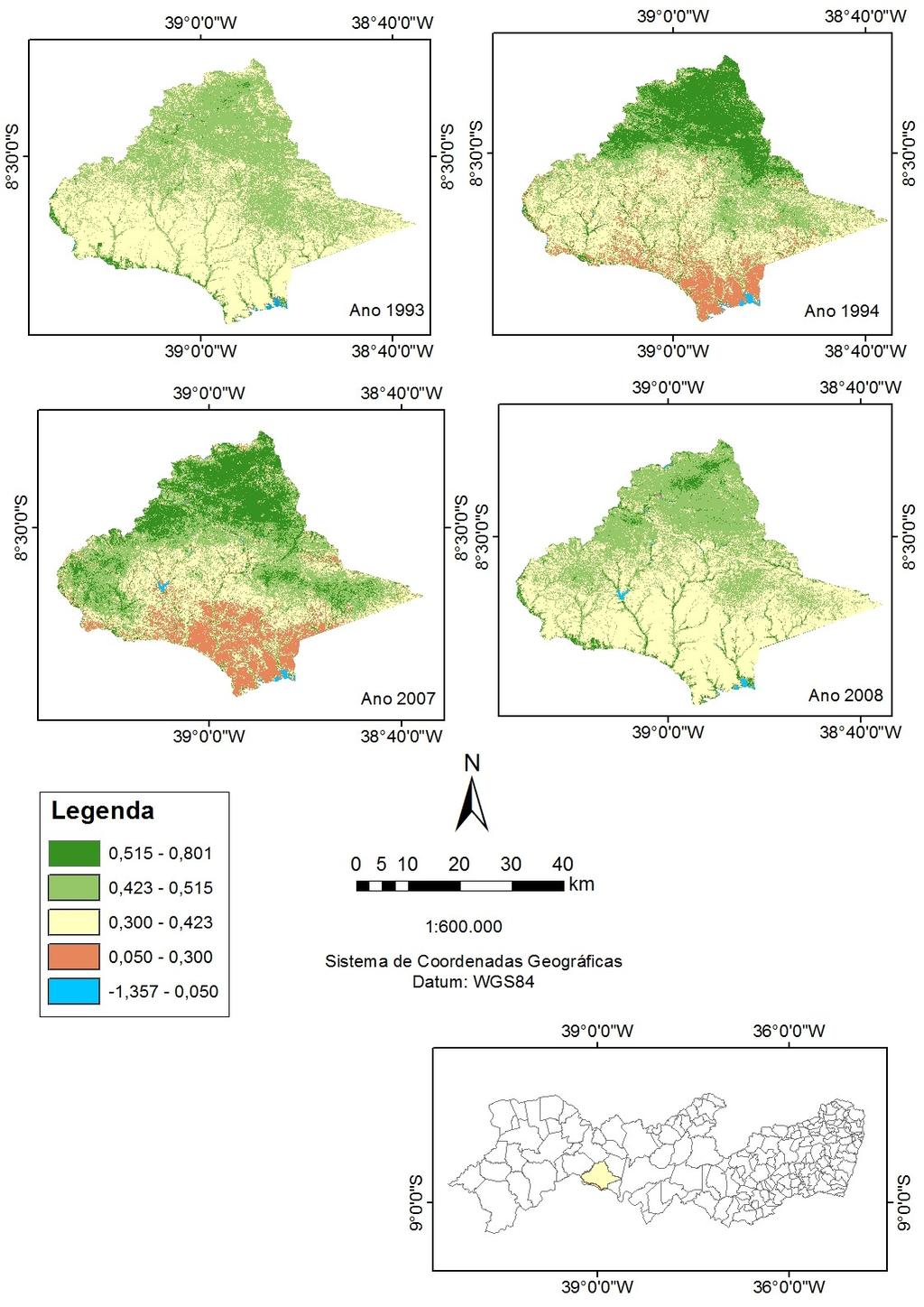 Figura 1 Carta imagem dos valores de NDVI para o município de Belém do São Francisco, Pernambuco para os anos de 1993, 1994, 2007 e 2008.. Fonte: INPE (2016), elaborado pelos autores.