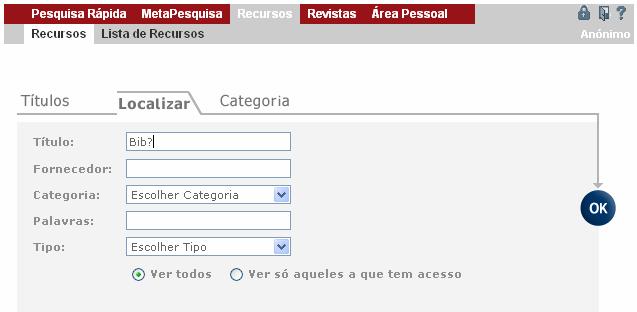 O separador Localizar permite procurar recursos através de diversos critérios: Título, Fornecedor, Categoria, Palavras e Tipo. Fig.