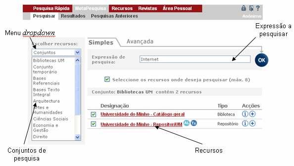 3.2. Metapesquisa Na Metapesquisa estão disponíveis os modos de pesquisa simples e de pesquisa avançada, tal como na Pesquisa Rápida atrás descrita.