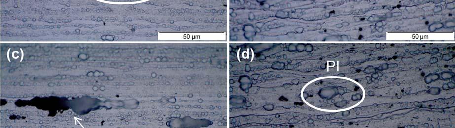 e ¾ da espessura ((e) e (f)), com um aumento de 1000x. Microscopia óptica, amostras atacadas.