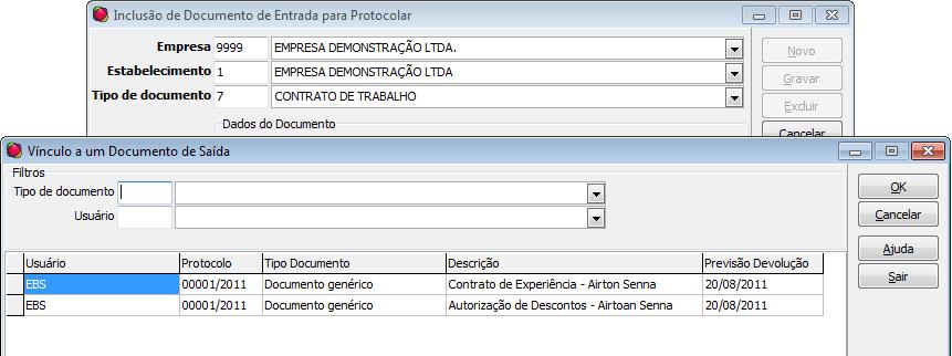 Na tela de documentos de saída, selecione o documento desejado com duplo clique do mouse e a descrição do documento de entrada será preenchido automaticamente com a descrição do documento de saída.