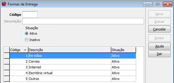 Estas formas de entrega são cadastradas automaticamente quando da instalação do sistema, podendo ser alteradas e/ou excluídas, se necessário.