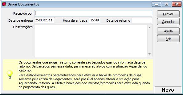 Se não for informado, o status do documento é alterado para Aguardando Retorno/Devolução.