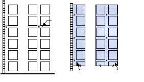 Barreira Notas: Elevação 1. O símbolo x representa chuveiros internos; 2. Cada quadrado representa um cubo de armazenagem cujos lados medem entre 4 ft e 5 ft (entre 1,22 m e 1,53 m).