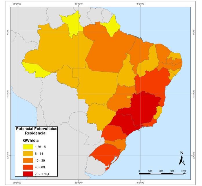 Potencial técnico de GD fotovoltaica em telhados residenciais por estado, GWh/dia Fonte: EPE/GIZ, NT