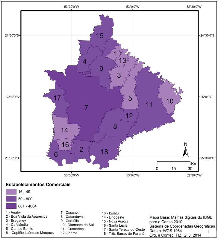 40 Grupo de Pesquisa Pantanal Vivo/AGB Corumbá Figura 2 - Mapa de número de estabelecimentos comerciais por município da Microrregião Geográfica de Cascavel. Org. TIZ, G. J. 2014.