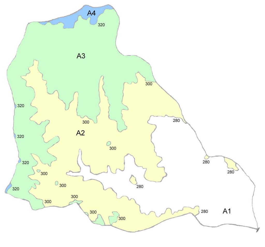 encontra acima dos 320 m (Z 0,05 =320 m), 36% acima dos 300 m (Z 36 =300 m) e 73% acima dos 280 m (Z 73 =280 m).