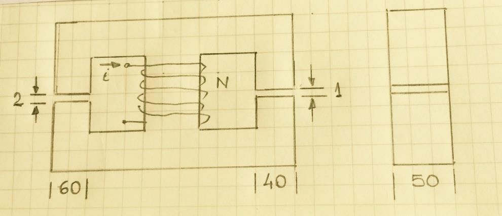 a. Desenhe o circuito magnético equivalente do sistema mostrando os valores das relutâncias envolvidas; b. Determine o fluxo em cada um dos entreferros em função da corrente na bobina; c.