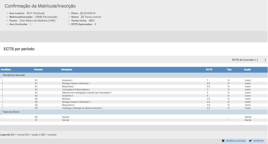 + 12.º Passo Confirmação da inscrição É apresentado um quadro resumo de todas as unidades curriculares selecionadas anteriormente.