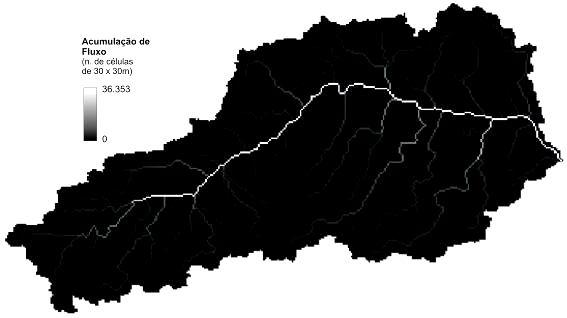 Figura 5. Mapa de declividade da Bacia Experimental do Córrego Sarandi (%). Figura 6. Mapa de acumulação do fluxo Bacia Experimental do Córrego Sarandi (número de células de 30 x 30m).