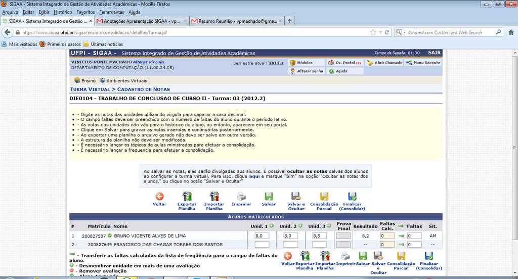 Botões de comandos Disponíveis também