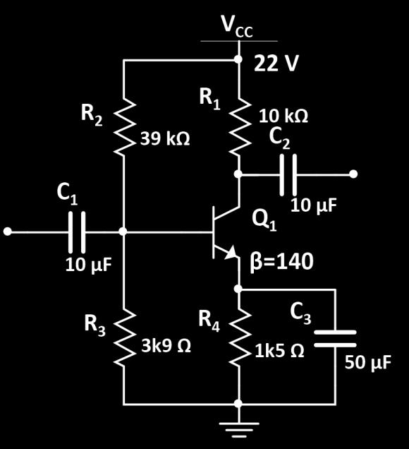 23. Qual é o valor da corrente que circula pelo resistor 1 (I R1 ) e a diferença de potencial medida entre os terminais de coletor e emissor (V CE ) para o circuito em polarização CC