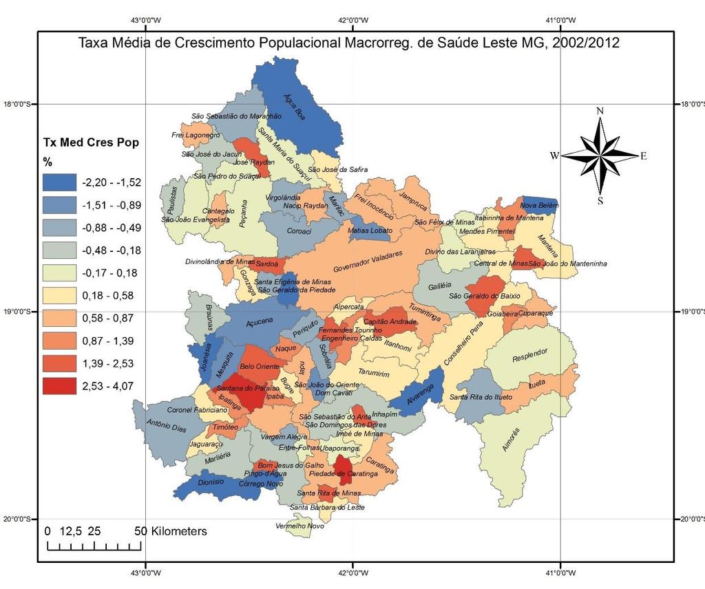 O mapa 3também representa as variações da taxa de crescimento populacional nos diversos municípios.